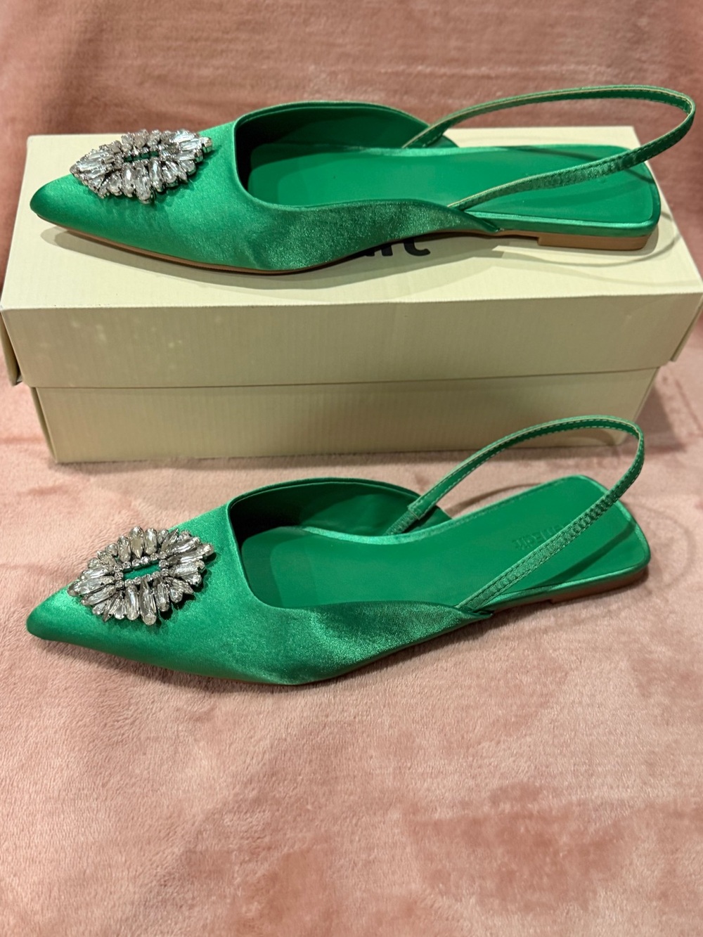Satin Green Pointed Slingback Flats with Crystal Brooch